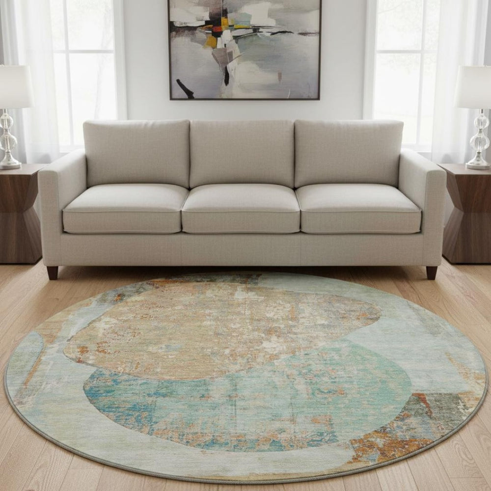 HomeRoots 8' Teal Copper Gray Abstract Washable Round Rug – Durable, Stylish, Stain-Resistant with UV Protection 695555