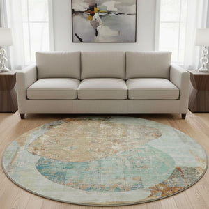 HomeRoots 8' Teal Copper Gray Abstract Washable Round Rug – Durable, Stylish, Stain-Resistant with UV Protection 695555