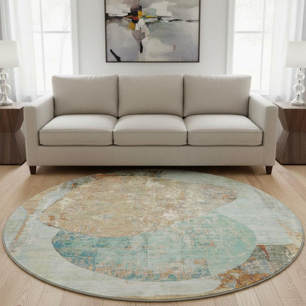 HomeRoots 8' Teal Copper Gray Abstract Washable Round Rug – Durable, Stylish, Stain-Resistant with UV Protection 695555