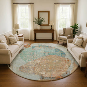 HomeRoots 8' Teal Copper Gray Abstract Washable Round Rug – Durable, Stylish, Stain-Resistant with UV Protection 695555