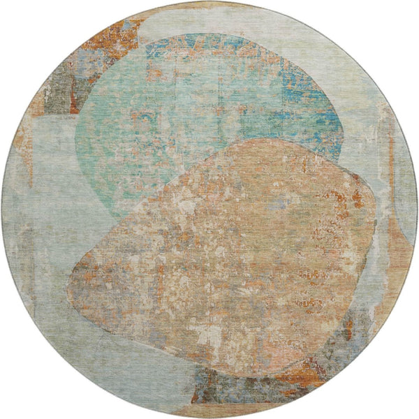 HomeRoots 8' Teal Copper Gray Abstract Washable Round Rug – Durable, Stylish, Stain-Resistant with UV Protection 695555