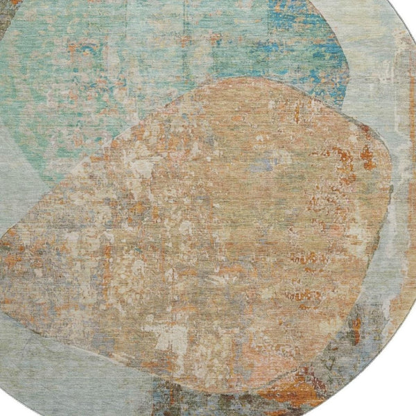 HomeRoots 8' Teal Copper Gray Abstract Washable Round Rug – Durable, Stylish, Stain-Resistant with UV Protection 695555