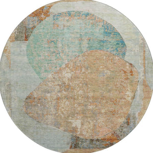 HomeRoots 8' Teal Copper Gray Abstract Washable Round Rug – Durable, Stylish, Stain-Resistant with UV Protection 695555