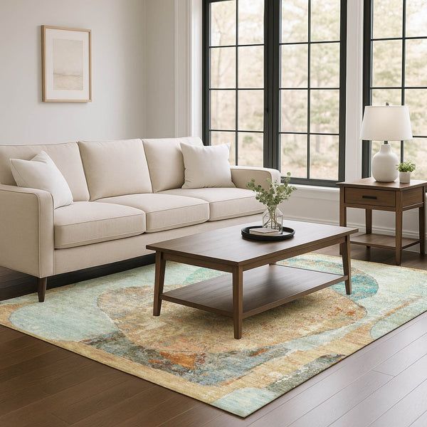 HomeRoots 9' X 12' Stylish Teal, Copper & Gray Abstract Washable Area Rug - UV Protected & Stain Resistant! 695557