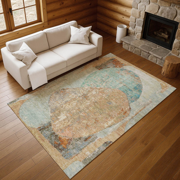 HomeRoots 9' X 12' Stylish Teal, Copper & Gray Abstract Washable Area Rug - UV Protected & Stain Resistant! 695557