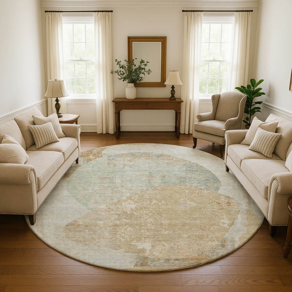 HomeRoots 8' Taupe Beige & Rust Abstract Washable Round Rug - UV Protected, Non-Slip, Modern Design for Any Room 695561