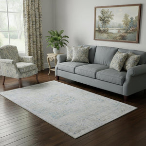 HomeRoots 5' X 8' Elegant Beige Blue Gray Floral Medallion Area Rug - Washable, UV Protected & Non-Slip! 695566