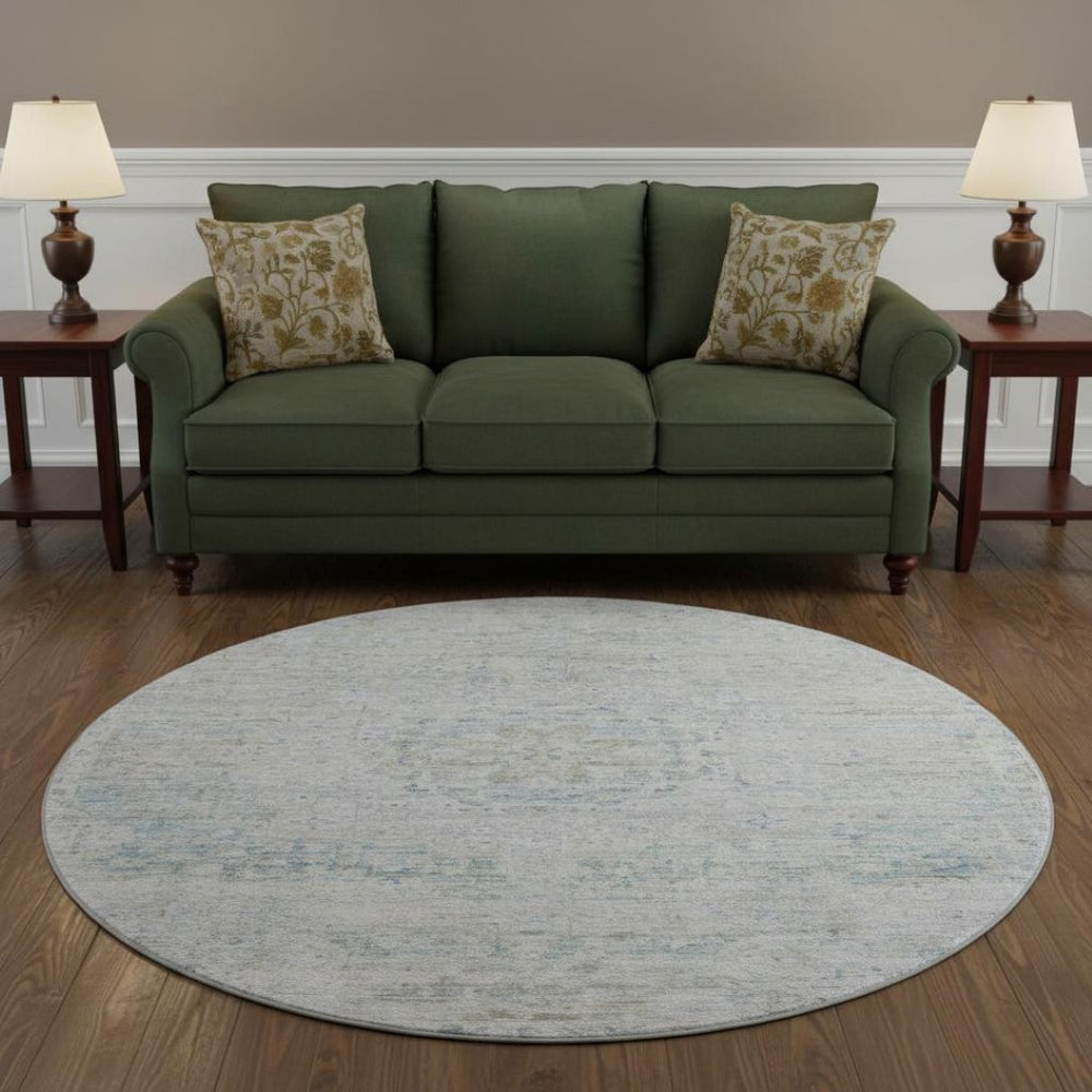 HomeRoots 8' Beige Blue and Gray Floral Medallion Round Rug - Washable, UV-Protected, Ideal for High-Traffic Homes 695567