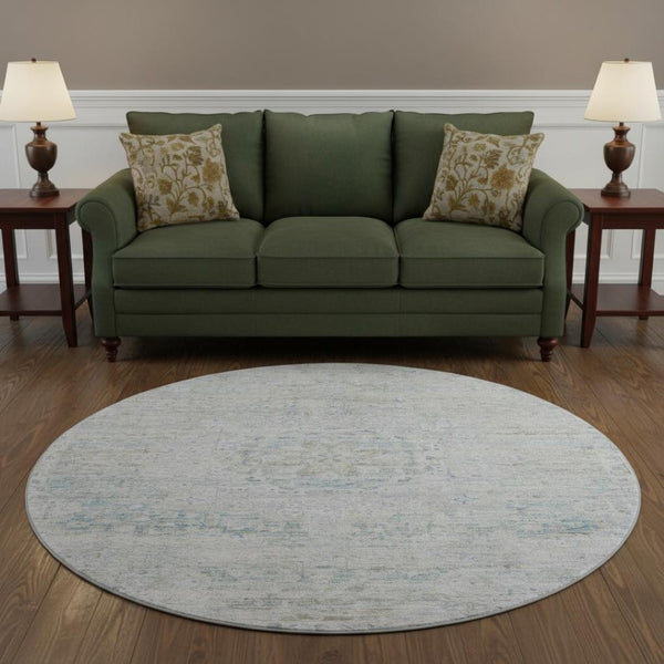 HomeRoots 8' Beige Blue and Gray Floral Medallion Round Rug - Washable, UV-Protected, Ideal for High-Traffic Homes 695567