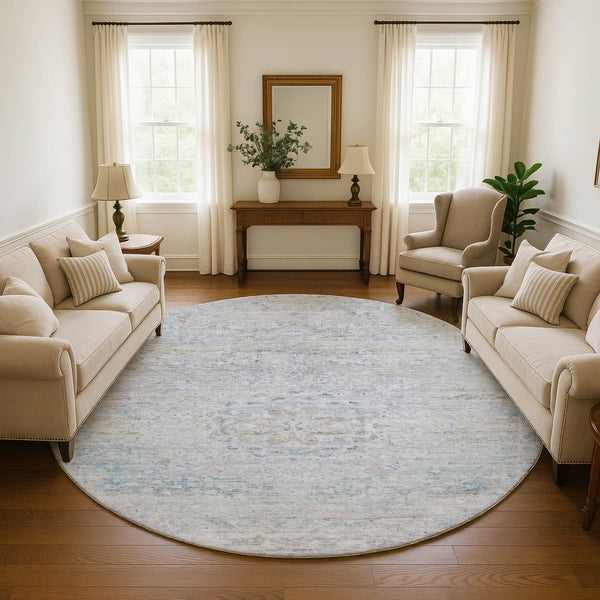 HomeRoots 8' Beige Blue and Gray Floral Medallion Round Rug - Washable, UV-Protected, Ideal for High-Traffic Homes 695567