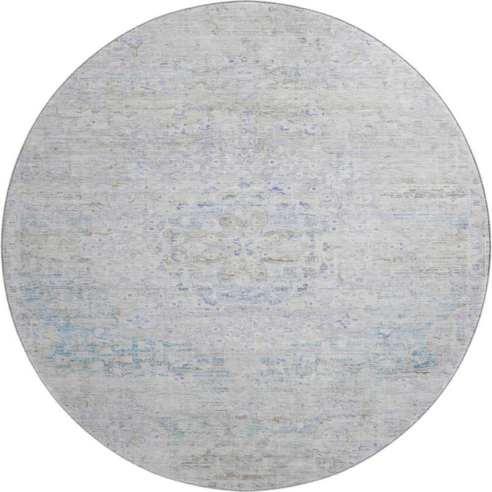 HomeRoots 8' Beige Blue and Gray Floral Medallion Round Rug - Washable, UV-Protected, Ideal for High-Traffic Homes 695567