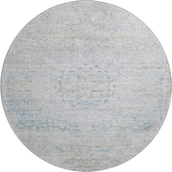 HomeRoots 8' Beige Blue and Gray Floral Medallion Round Rug - Washable, UV-Protected, Ideal for High-Traffic Homes 695567
