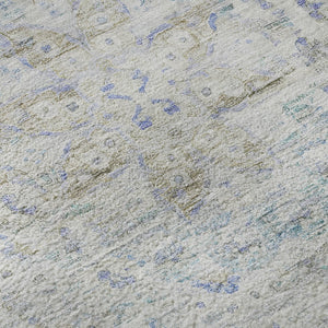 HomeRoots 8' Beige Blue and Gray Floral Medallion Round Rug - Washable, UV-Protected, Ideal for High-Traffic Homes 695567