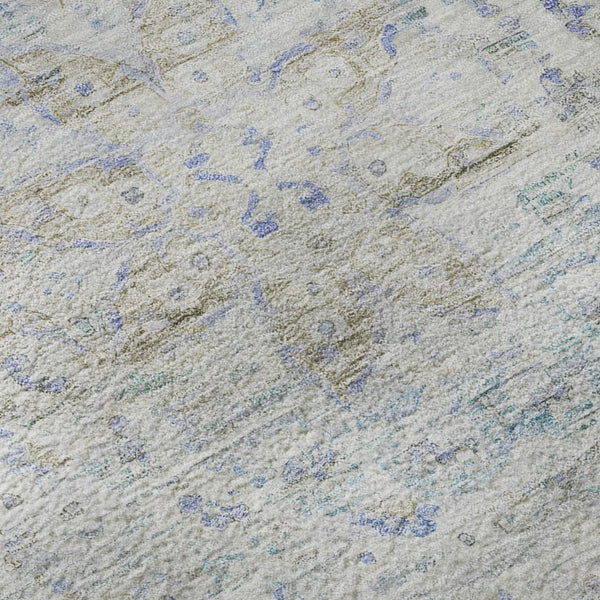 HomeRoots 8' Beige Blue and Gray Floral Medallion Round Rug - Washable, UV-Protected, Ideal for High-Traffic Homes 695567