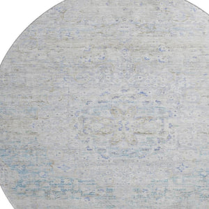 HomeRoots 8' Beige Blue and Gray Floral Medallion Round Rug - Washable, UV-Protected, Ideal for High-Traffic Homes 695567