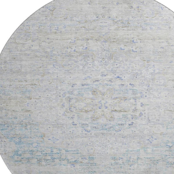 HomeRoots 8' Beige Blue and Gray Floral Medallion Round Rug - Washable, UV-Protected, Ideal for High-Traffic Homes 695567