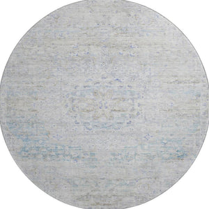 HomeRoots 8' Beige Blue and Gray Floral Medallion Round Rug - Washable, UV-Protected, Ideal for High-Traffic Homes 695567