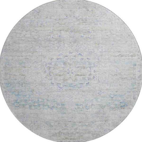 HomeRoots 8' Beige Blue and Gray Floral Medallion Round Rug - Washable, UV-Protected, Ideal for High-Traffic Homes 695567