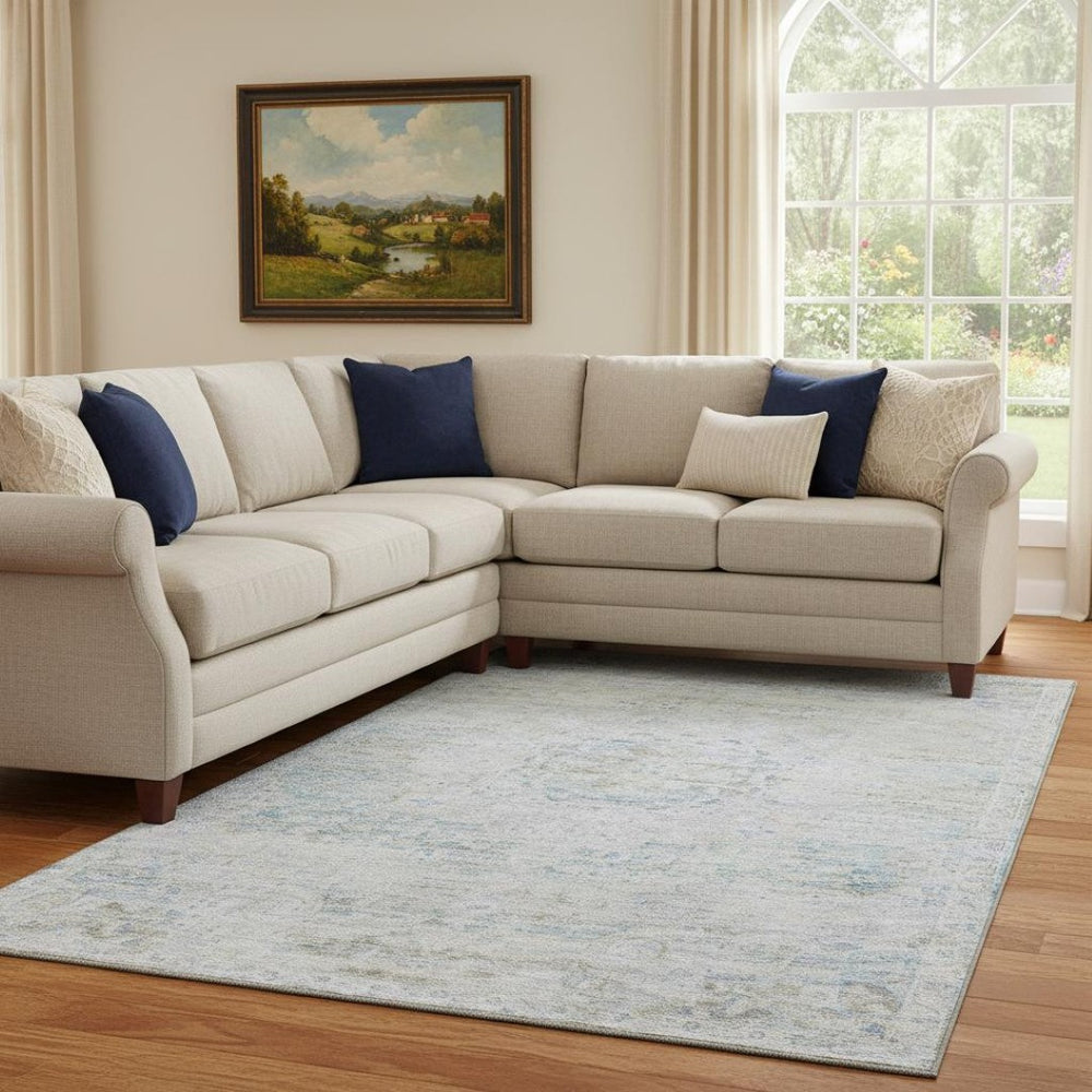 HomeRoots 8' X 10' Floral Medallion Washable Area Rug - Beige, Blue & Gray with UV Protection for Home Décor 695568