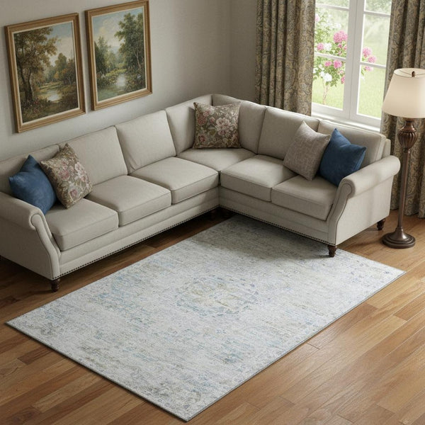 HomeRoots 9' X 12' Beige Blue Gray Floral Medallion Area Rug - Washable, Stain Resistant & UV Protected Design 695569