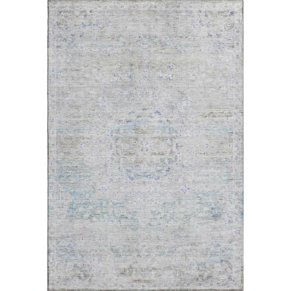 HomeRoots 9' X 12' Beige Blue Gray Floral Medallion Area Rug - Washable, Stain Resistant & UV Protected Design 695569
