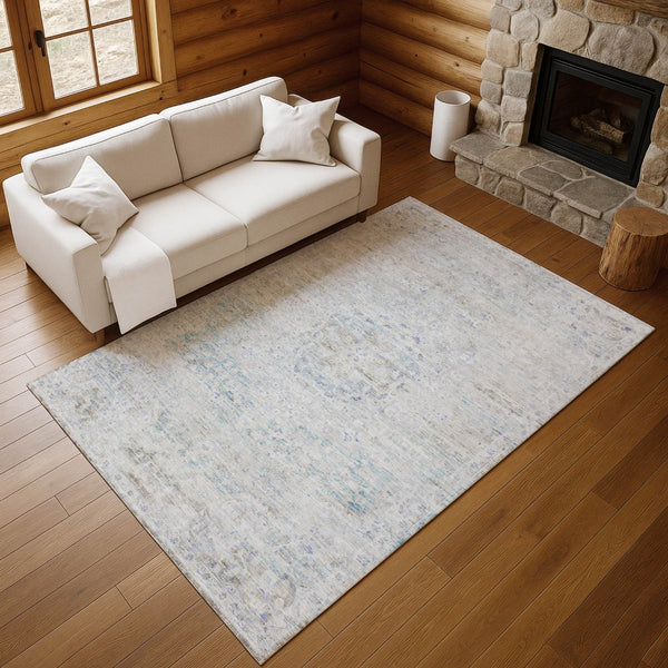HomeRoots 9' X 12' Beige Blue Gray Floral Medallion Area Rug - Washable, Stain Resistant & UV Protected Design 695569