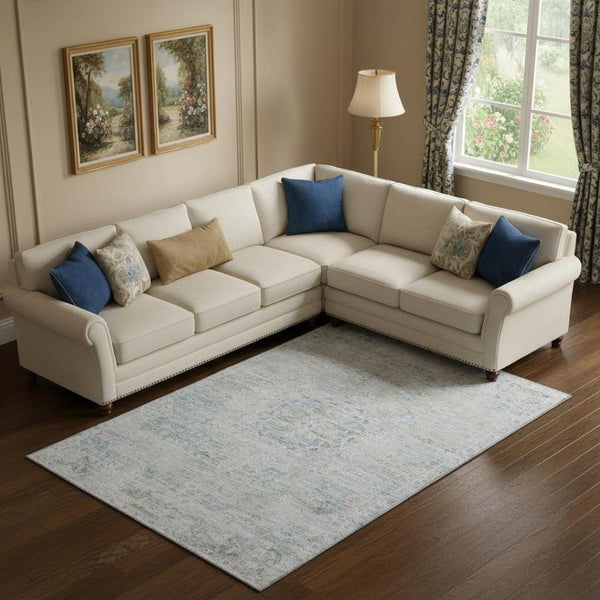 HomeRoots 10' X 14' Washable Floral Medallion Area Rug - Beige, Blue & Gray with UV Protection for Families 695570