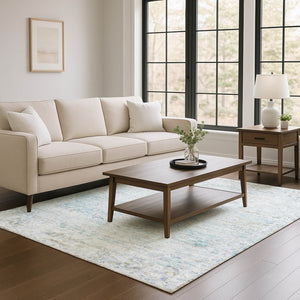 HomeRoots 10' X 14' Washable Floral Medallion Area Rug - Beige, Blue & Gray with UV Protection for Families 695570