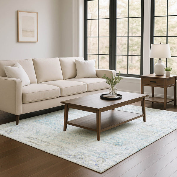 HomeRoots 10' X 14' Washable Floral Medallion Area Rug - Beige, Blue & Gray with UV Protection for Families 695570