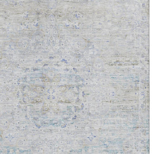 HomeRoots 10' X 14' Washable Floral Medallion Area Rug - Beige, Blue & Gray with UV Protection for Families 695570