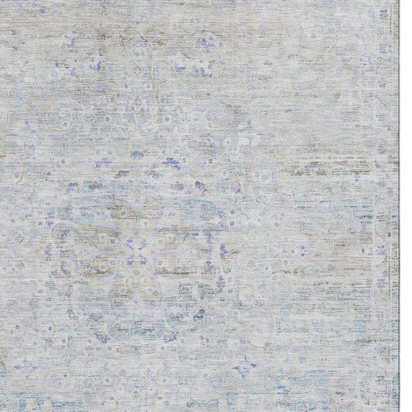 HomeRoots 10' X 14' Washable Floral Medallion Area Rug - Beige, Blue & Gray with UV Protection for Families 695570