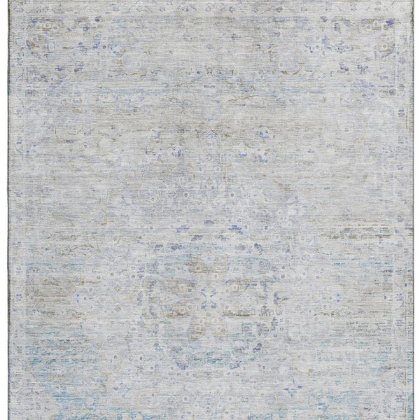 HomeRoots 10' X 14' Washable Floral Medallion Area Rug - Beige, Blue & Gray with UV Protection for Families 695570