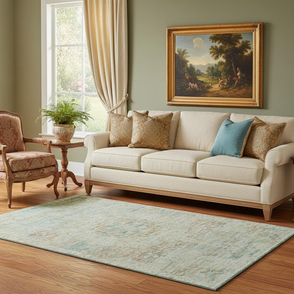 HomeRoots 5' X 8' Sage Blue & Copper Floral Medallion Area Rug - Washable, UV Protected, Stain Resistant Elegance 695572