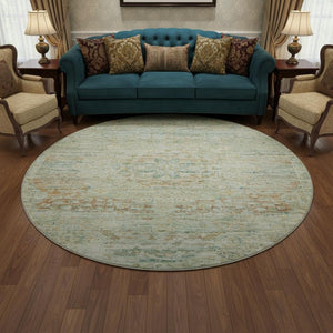 HomeRoots 8' Sage Blue & Copper Floral Medallion Round Rug – Durable, Washable & UV-Protected for Busy Homes 695573