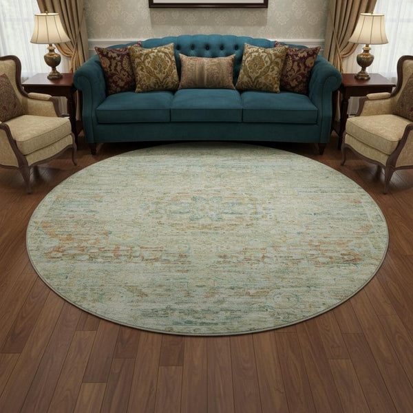 HomeRoots 8' Sage Blue & Copper Floral Medallion Round Rug – Durable, Washable & UV-Protected for Busy Homes 695573