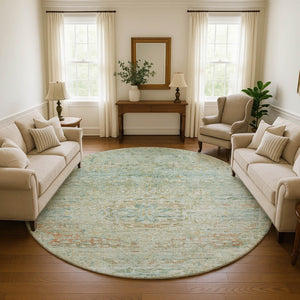 HomeRoots 8' Sage Blue & Copper Floral Medallion Round Rug – Durable, Washable & UV-Protected for Busy Homes 695573