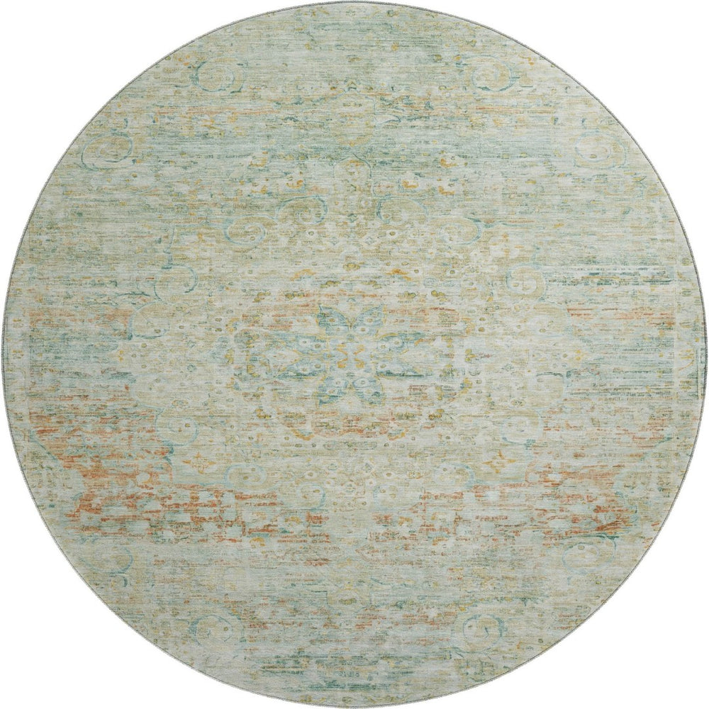 HomeRoots 8' Sage Blue & Copper Floral Medallion Round Rug – Durable, Washable & UV-Protected for Busy Homes 695573