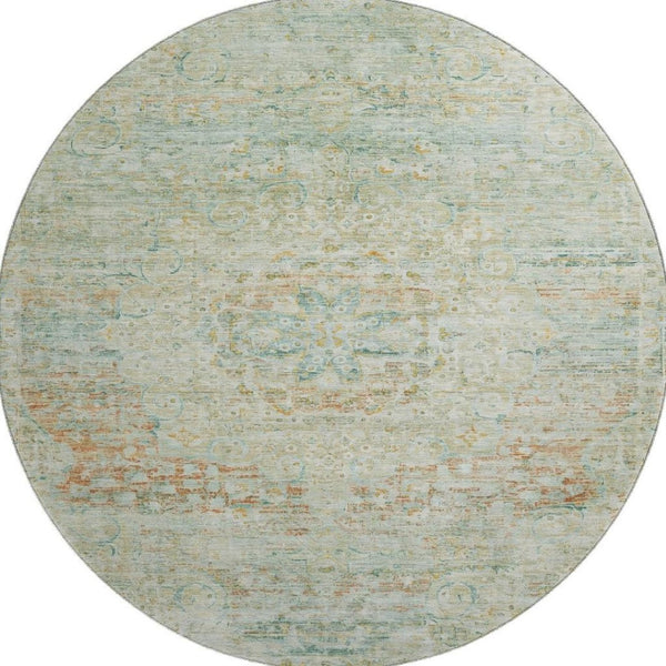 HomeRoots 8' Sage Blue & Copper Floral Medallion Round Rug – Durable, Washable & UV-Protected for Busy Homes 695573