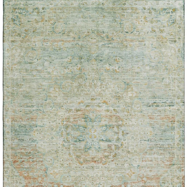 HomeRoots 8' X 10' Sage Blue & Copper Floral Medallion Area Rug - Washable, UV Protected, Non-Slip Backing 695574