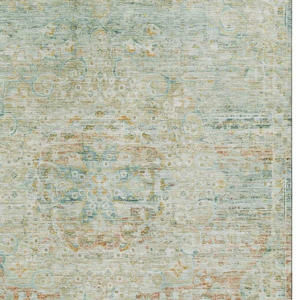 HomeRoots 10' Sage Blue & Copper Floral Medallion Area Rug - Washable, UV Protected, Stain Resistant Design! 695576
