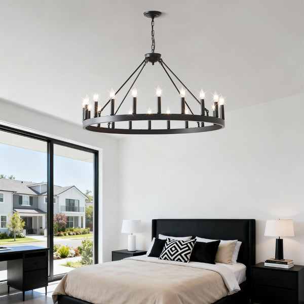English Elm 20-light Oversized Wagon Wheel Chandelier Matte Black Farmhouse Style for Grand Spaces W5008P388936
