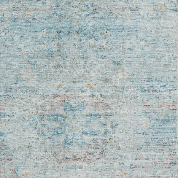 HomeRoots 5' X 8' Floral Medallion Area Rug in Sky Blue, Teal & Blush - Washable, UV Protected, Durable Design 695578