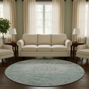 HomeRoots 8' Sky Blue Teal Floral Medallion Washable Round Rug - Soft, Durable, UV Protected for Every Room 695579