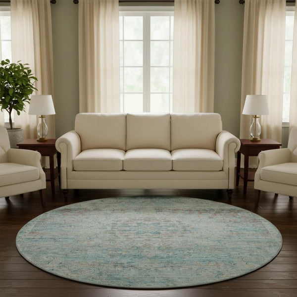 HomeRoots 8' Sky Blue Teal Floral Medallion Washable Round Rug - Soft, Durable, UV Protected for Every Room 695579