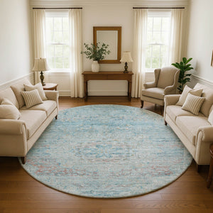 HomeRoots 8' Sky Blue Teal Floral Medallion Washable Round Rug - Soft, Durable, UV Protected for Every Room 695579
