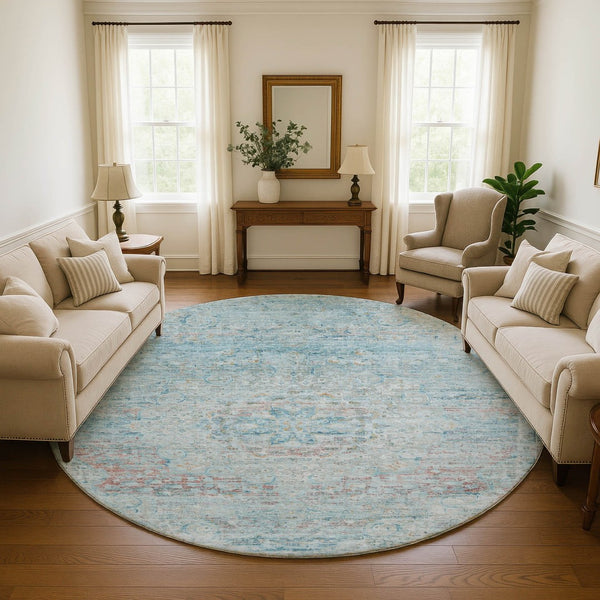 HomeRoots 8' Sky Blue Teal Floral Medallion Washable Round Rug - Soft, Durable, UV Protected for Every Room 695579