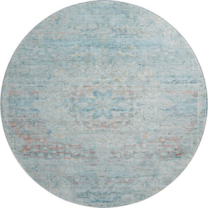 HomeRoots 8' Sky Blue Teal Floral Medallion Washable Round Rug - Soft, Durable, UV Protected for Every Room 695579
