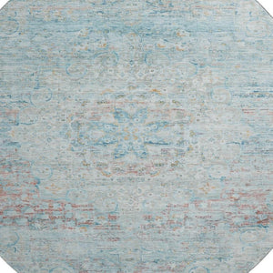 HomeRoots 8' Sky Blue Teal Floral Medallion Washable Round Rug - Soft, Durable, UV Protected for Every Room 695579