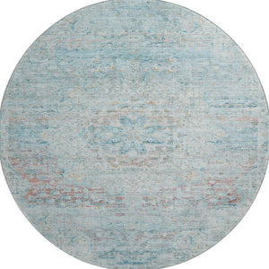 HomeRoots 8' Sky Blue Teal Floral Medallion Washable Round Rug - Soft, Durable, UV Protected for Every Room 695579