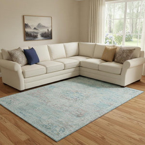 HomeRoots 8' X 10' Floral Medallion Area Rug in Sky Blue, Teal & Blush – Washable, UV Protected & Non-Slip! 695580